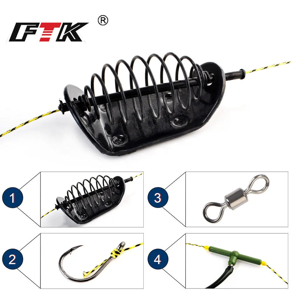 FTK 20g-50g Metal Carp Fishing Hair Rigs Sinker Bait Thrower Cage Europe Feeder Fishing Group With Barbed Carp Bait Holder Hook