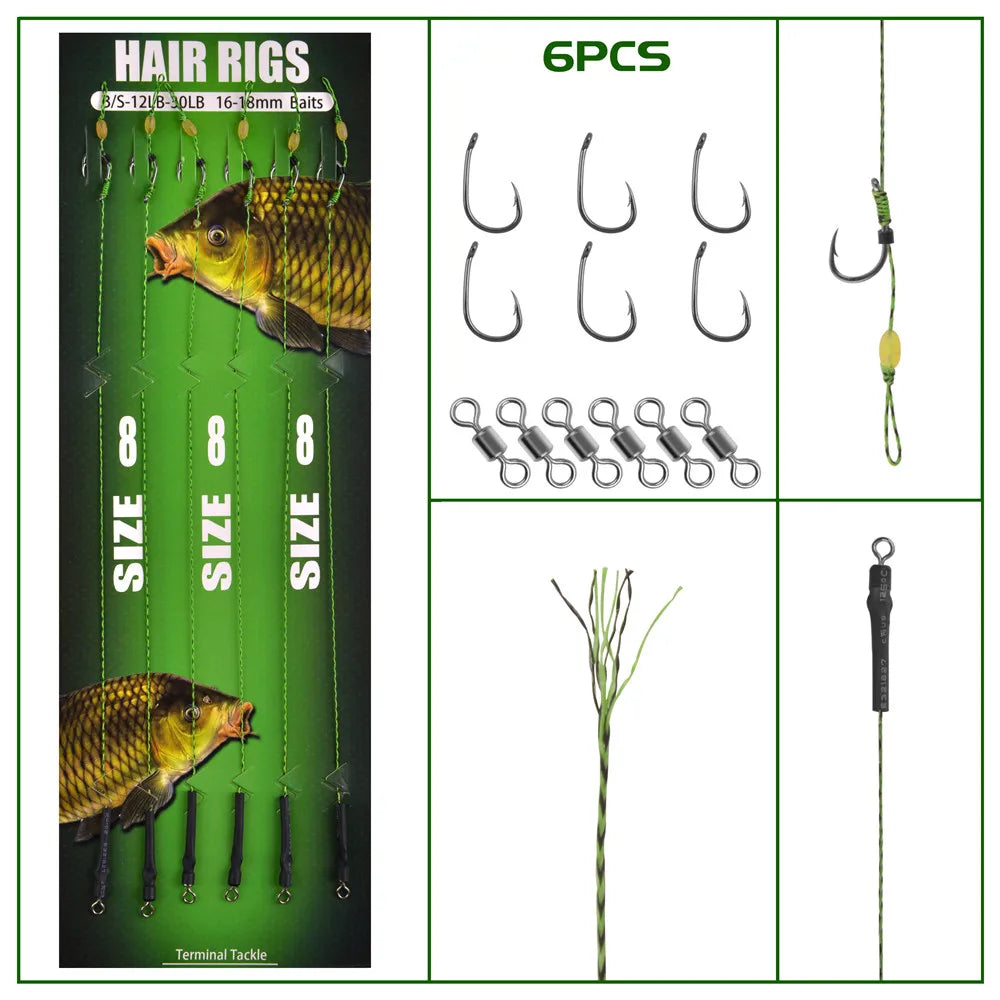 12Pcs Pre Tied Carp Fishing Hair Rigs