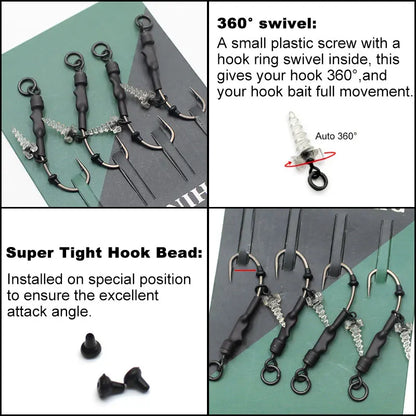 4PCS Carp Rig Carp Fishing Hook Ready Tied Ronnie Rig Hook Links Hair Combi Chod Rig 4 6 8 with Ring Swivel Bait Screw Tackle