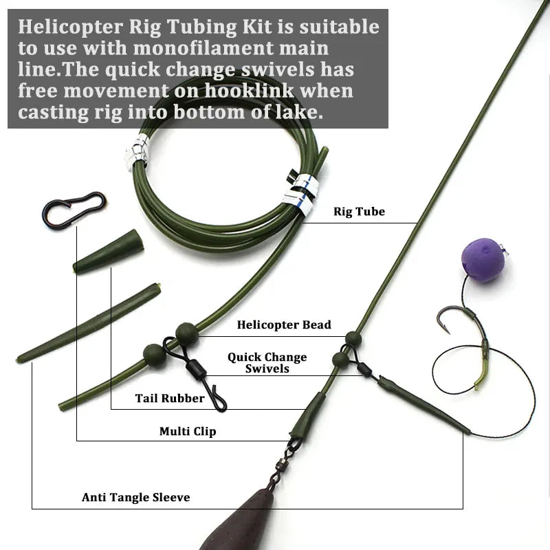 3x Pre Rigged Rig Tube Helicopter Chod Hair Rigs Swivel Carp Fishing Accessories Tackle Links Leader  Tail Rubber & Line Aligner