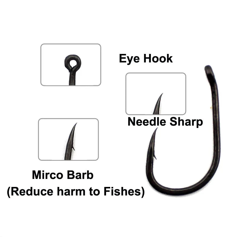 50pcs PTFE Coated Carp Fishing Hook Kaptor Kurv Shank Carbon Carp Hook Micro Barb Black 2 4 6 8 10 Withy Pool Rig Hook