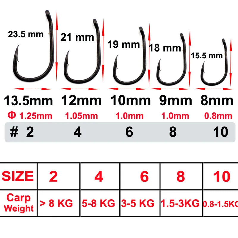 50pcs PTFE Coated Carp Fishing Hook Kaptor Kurv Shank Carbon Carp Hook Micro Barb Black 2 4 6 8 10 Withy Pool Rig Hook