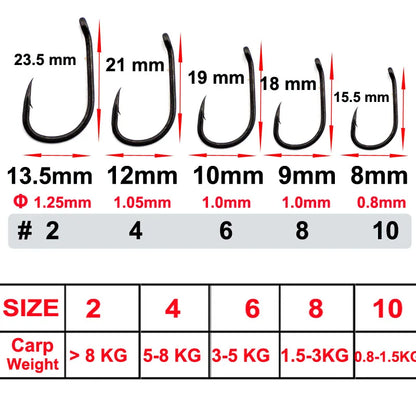 50pcs PTFE Coated Carp Fishing Hook Kaptor Kurv Shank Carbon Carp Hook Micro Barb Black 2 4 6 8 10 Withy Pool Rig Hook