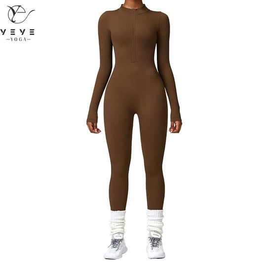 Women's Yoga Long Sleeve One Piece Tummy Control Seamless Ribbed Jumpsuit