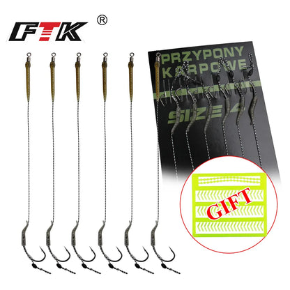 FTK 18.5cm 6-8pcs Leader Carp Fishing Hooks Hair Rigs With Line 30-60LB 2/4/6/8# Europe Feeder Group Carp Hook Accessories