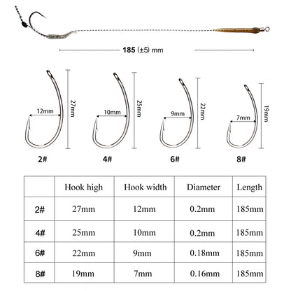 FTK 18.5cm 6-8pcs Leader Carp Fishing Hooks Hair Rigs With Line 30-60LB 2/4/6/8# Europe Feeder Group Carp Hook Accessories