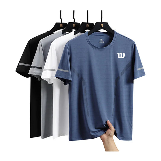 Wilson's men's tennis suit for the Australian Open features a new, breathable round-neck T-shirt designed for professional competition and sports, complete with short sleeves.