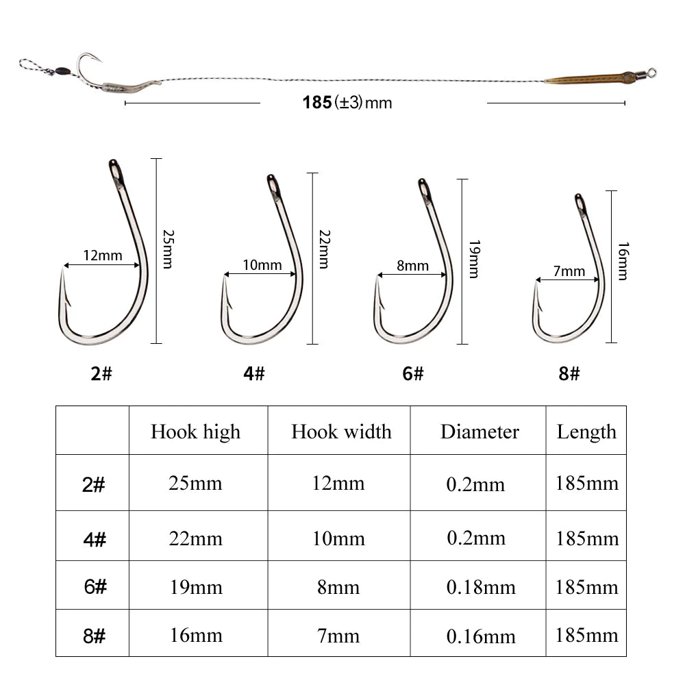 FTK 18.5cm 6-8pcs Leader Carp Fishing Hooks Hair Rigs With Line 30-60LB 2/4/6/8# Europe Feeder Group Carp Hook Accessories